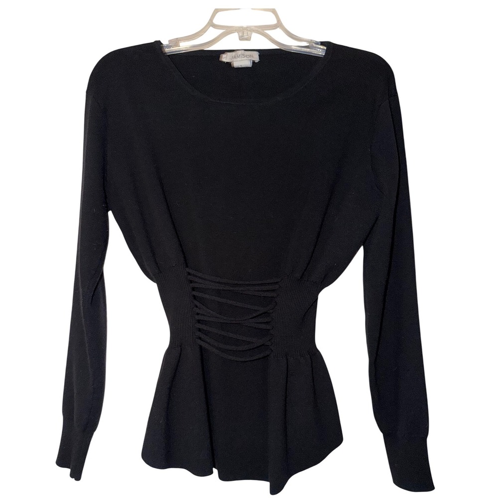 JAMISON Black Long Sleeve Peplum Sweater‎ Corset Detail Women's Size S